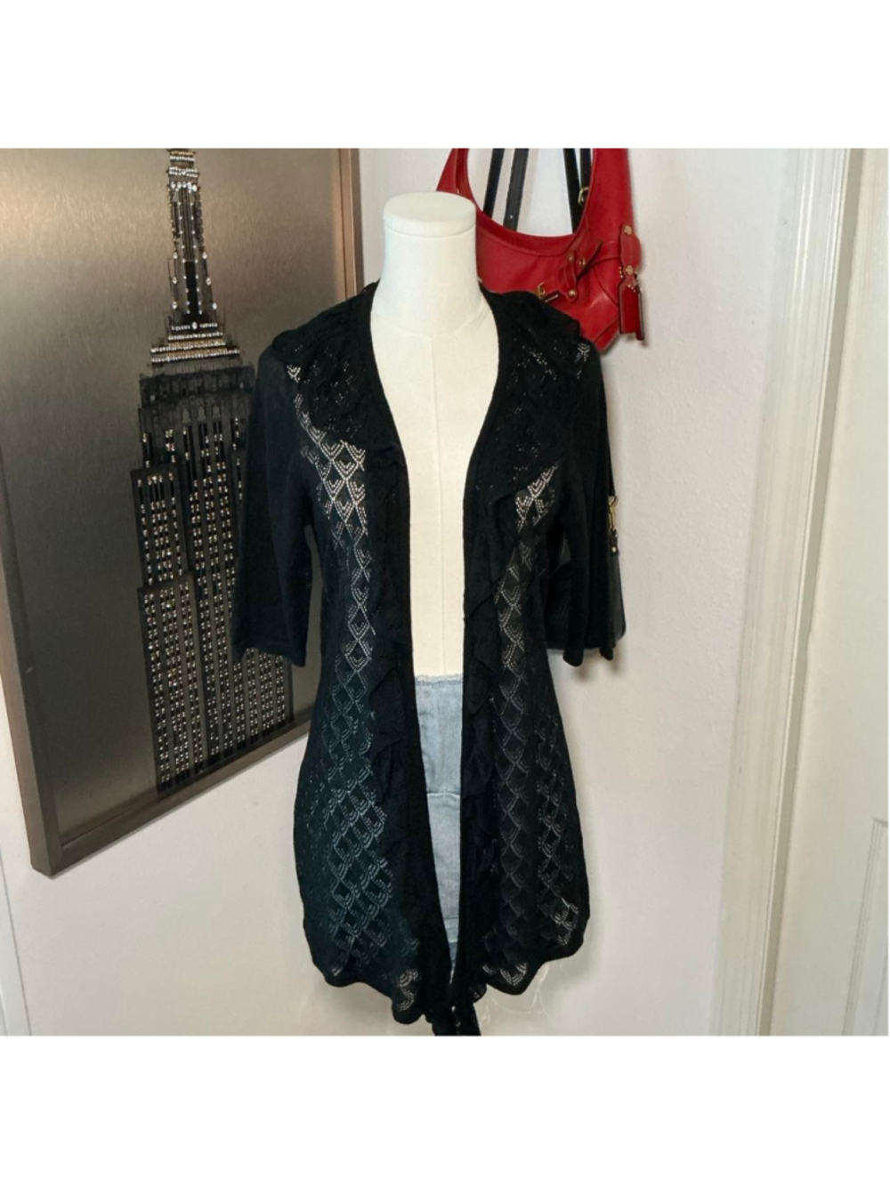 Covington Black Lace Open Front Ruffle Cardigan XL